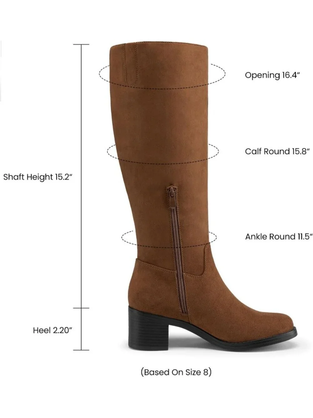 Women's Brown Suede Chunky Heel Round Toe Pu Suede Side Zipper Knee High Boots